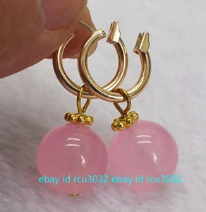 Beauty 14mm Natural Pink Quartz Round Beads Gold Leverback Dangle Earrings - Picture 1 of 12