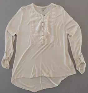 Camiseta Lucky Brand Terciopelo Burnout Henley Mangas con lengüeta enrollable Marfil Talla XL Asimétrica - Imagen 1 de 15