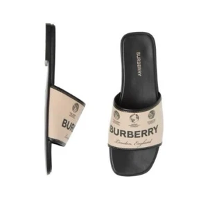 Burberry Label Print Gabardine & Leather Slides - Picture 1 of 4