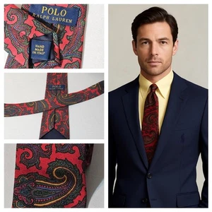 Polo by Ralph Lauren Silk Tie Repp Paisley 59.5" X 3" Red Green Vintage Italy - Picture 1 of 8