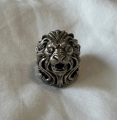 Anillo con cabeza de león de plata de ley 925 rugiente cabeza de león motociclista joyería hecha a mano Foto 1 de 4