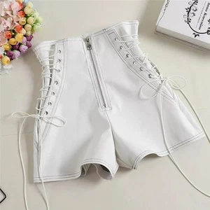 New Womens White Biker leather shorts| Genuine Sheepskin leather laced-Up Shorts - Picture 1 of 3