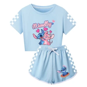 Girls Lilo&Stitch Cartoon Athletic Outfit Jogging T-Shirt Set Tracksuit 2 piece - Picture 1 of 25