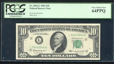 FR. 2016-L 1963 $10 FRN FEDERAL RESERVE NOTE SAN FRANCISCO, CA PCGS UNC-64PPQ - Image 1 of 2