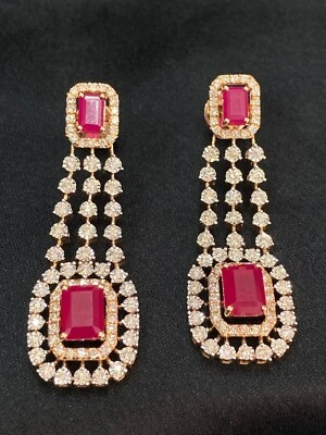 5.40 TCW Round Brilliant Cut Natural Diamonds Ruby Dangle Earrings 14K Rose Gold - Image 1 of 4