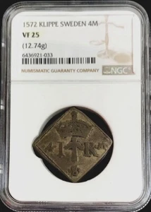 1572 SILVER SWEDEN KLIPPE 4 MARK JOHN III SIEGE COIN NGC VERY FINE 25 - Picture 1 of 2