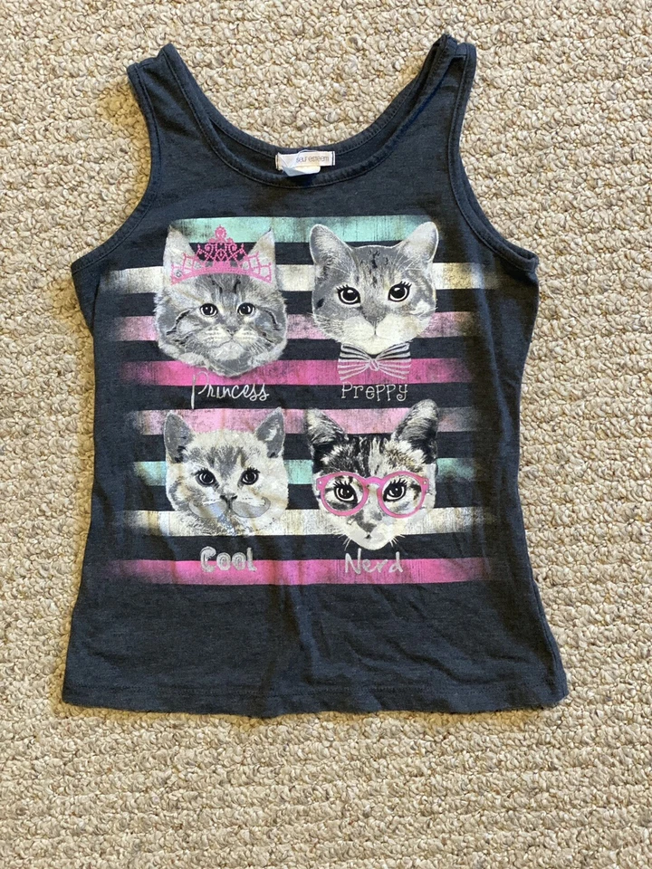 Camiseta sin mangas autoestima niñas talla juvenil L (17,5) sin mangas gris gatos - Usada Foto 1 de 1