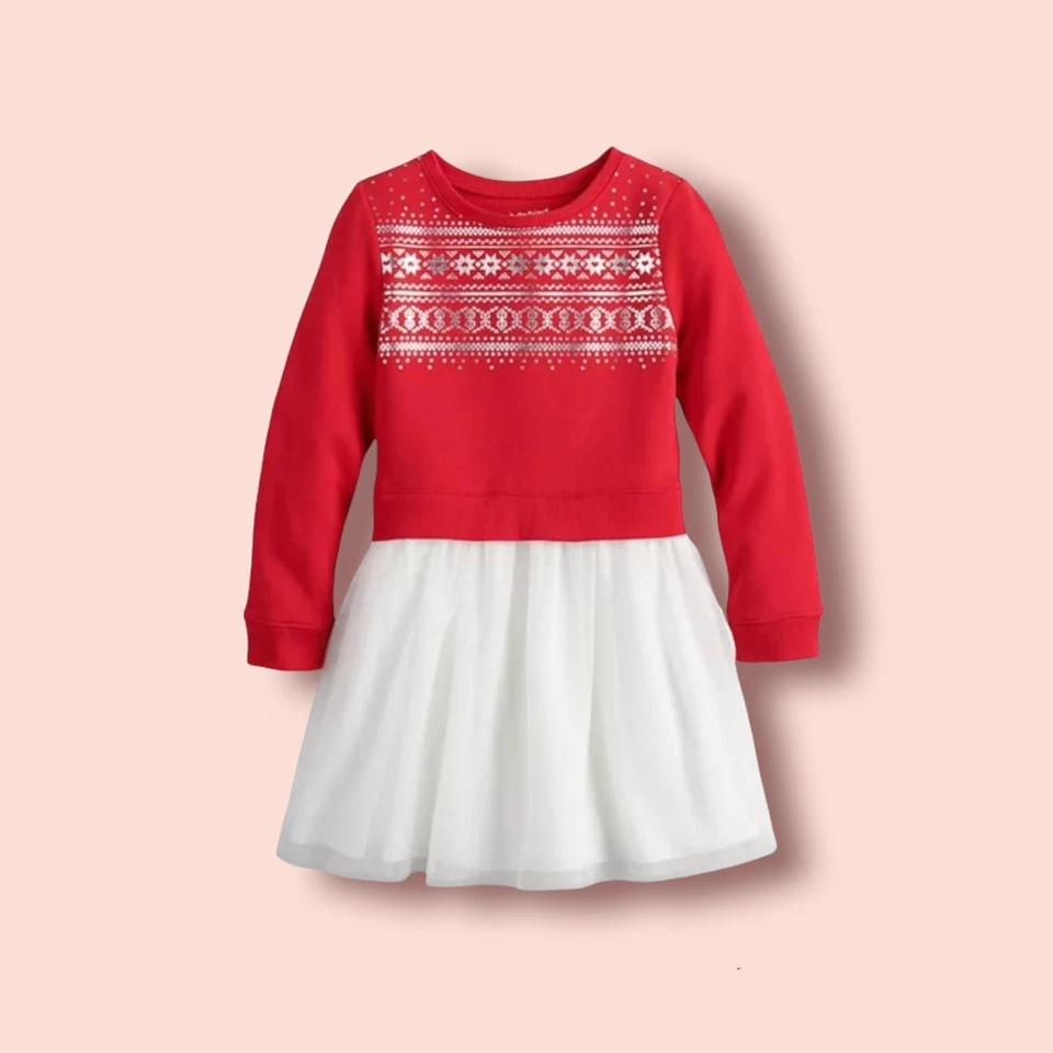 Jumping Beans Girls Holiday Sweater Fleece Tutu Red Fair Isle Dress 4,6,6X,7,10 - Image 1 of 1