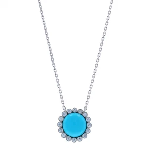 White Gold Turquoise Diamond Halo Necklace - 18k Cabochon .25ctw Adjustable - Picture 1 of 6