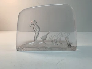 Hovman Torp of Sweden Etched Glass of BOY AND GEESE  Paper Weight SIGNED  - Picture 1 of 3