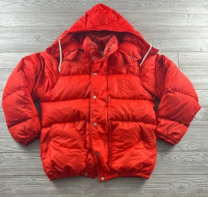 Piumino d'oca vintage REI extra caldo uomo rosso puffer jacket taglia media con cappuccio zip intera - Foto 1 di 10