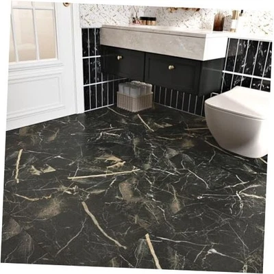 Azulejos de vinilo negro mármol pelar y pegar piso 16 azulejos 1 negro/amarillo Foto 1 de 4