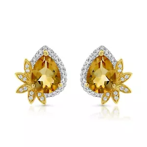 Pera Citrina Diamante Dormilonas 14K Oro Amarillo Lágrima 2.16 TCW Natural - Imagen 1 de 3