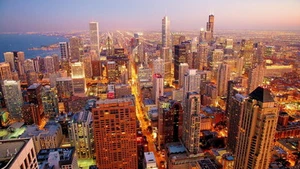 Office wall ART Decor Chicago Skyline at Evening Oil painting Printed on canvas - Picture 1 of 2