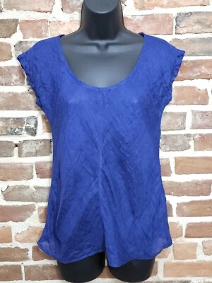 EILEEN FISHER Indigo Blue Gauzy Semi Sheer Linen Scoop Neck Top Size PP ( 0-2 ) - Image 1 of 4