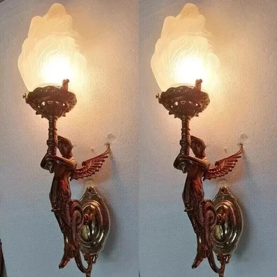PAIR OF ANTIQUE VINTAGE ART DECO NOUVEAU BRASS MERMAID WALL SCONCES FIXTURE LAMP - Image 1 of 4
