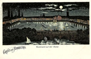 Postcard Germany Hamburg Greetings Moonlit Night on the Alster c1897-1906 Unused - Picture 1 of 2