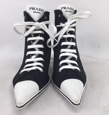 Prada Punta Punta Negro/Blanco Lona Zapatilla Pump Botines EE. UU. 7.5 (Y047) Foto 1 de 4
