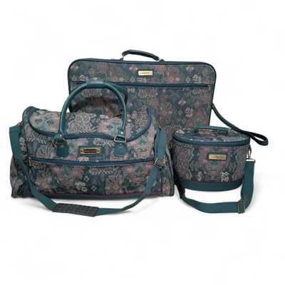 Vintage American Tourister Luggage Set 3-Piece Tapestry Green Mauve Teal 90s - Image 1 of 4