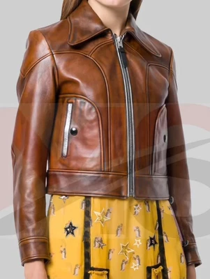 Chaqueta de cuero marrón estilo vintage para mujer abrigo de motociclista retro occidental con cremallera Foto 1 de 4