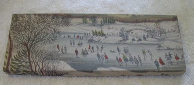 Gravata de Natal vintage vazia década de 1940 caixa de presente com patinadores iluminados pela lua na lagoa Litho ~Bom! - Imagem 1 de 4