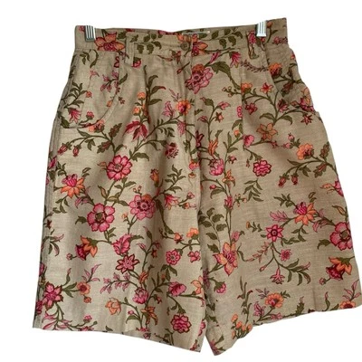 Bermudas de lino florales para mujer 6 plisadas delanteras chismes niñas cabaña retro Foto 1 de 4