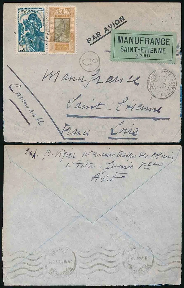 GUINEA FRANCESA SEGUNDA GUERRA MUNDIAL 1940 a MANUFRANCIA CORREO AÉREO CENSURADO 23 DE ABRIL PITA...ST ETIENNE Foto 1 de 1