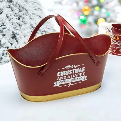 Merry Christmas & Happy New Year Metal Tin Trug Planter with Holder FestiveDecor - Image 1 of 4