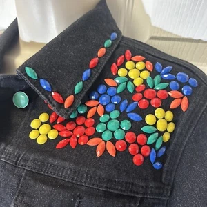 NWT DG2 Diane Gilman Denim Jean Jacket Black Beaded Colorful LS Sz S Small - Picture 1 of 8