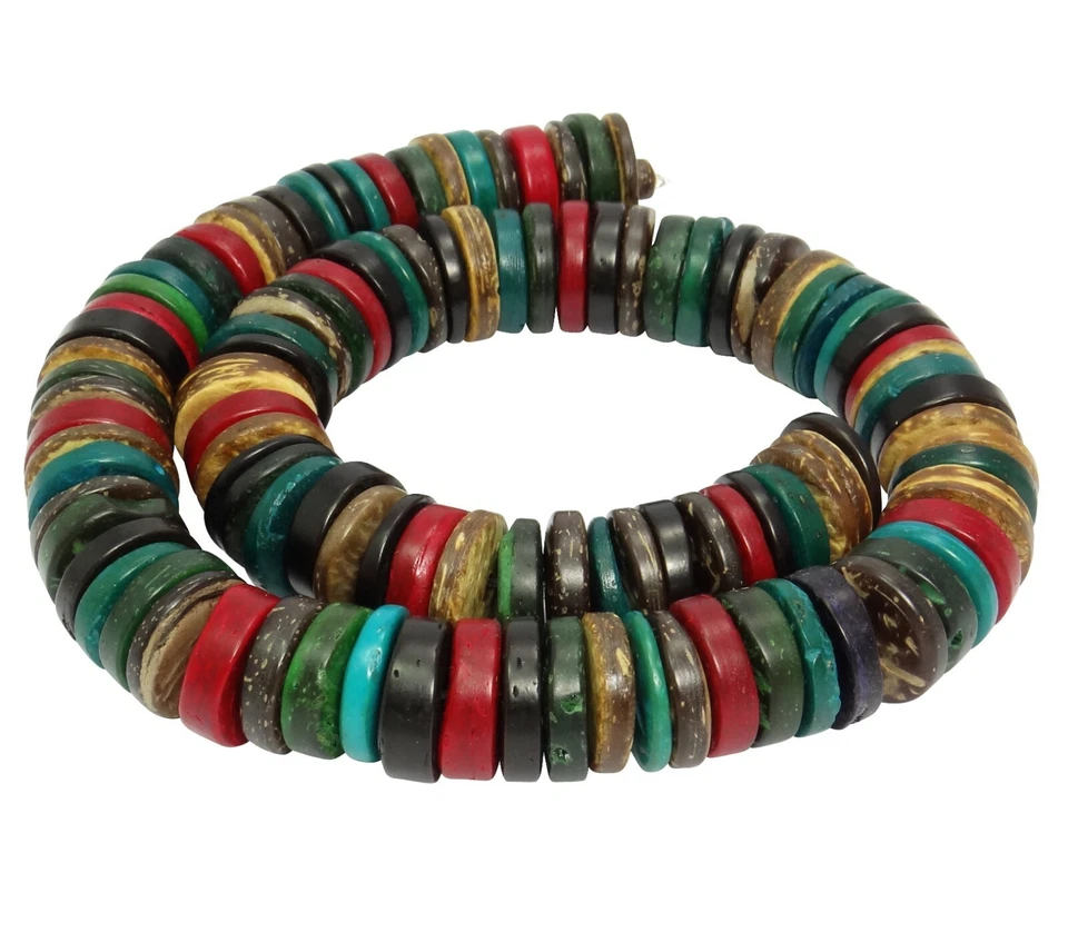 😏 Kokosnuss bunte Scheiben 15 mm Holzperlen Nussperlen Heishi Perlen Strang 😉  - Bild 1 von 1