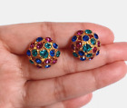Vintage Multicolor Blue Pink Green Gold Tone Stud Earrings Sparkly Pierced Ears