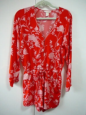 S H&M Jumpsuit Shorty Gr  34 rot Blüten weiß tailliert Taschen langarm - Bild 1 von 4