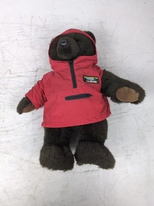 Oso de peluche LL Bean vintage de 17" de piel marrón con abrigo de lluvia con capucha roja - años 90 - Imagen 1 de 7