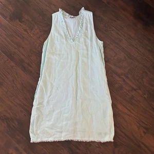 Tommy Bahama Kleid zwei Palmen 100 % Leinen Rüschen V-Ausschnitt Medium Taschen hellblau - Bild 1 von 7