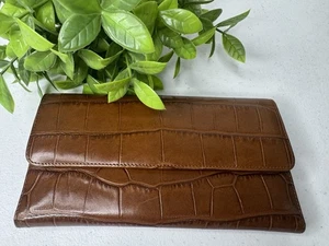 Monsac Brown Leather Wallet w/Checkbook Cover Embossed Croc I.D Photo Cards - Picture 1 of 14