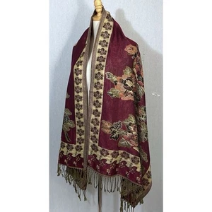 Mantón grande floral metálico pashmina borgoña y dorado - Imagen 1 de 6