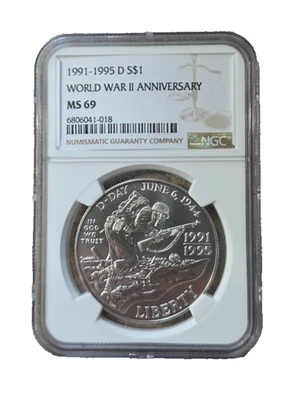 #30 – 1991–1995-P World War II 50th Anniversary Silver Dollar – PF69 Ultra Cam - Image 1 of 2