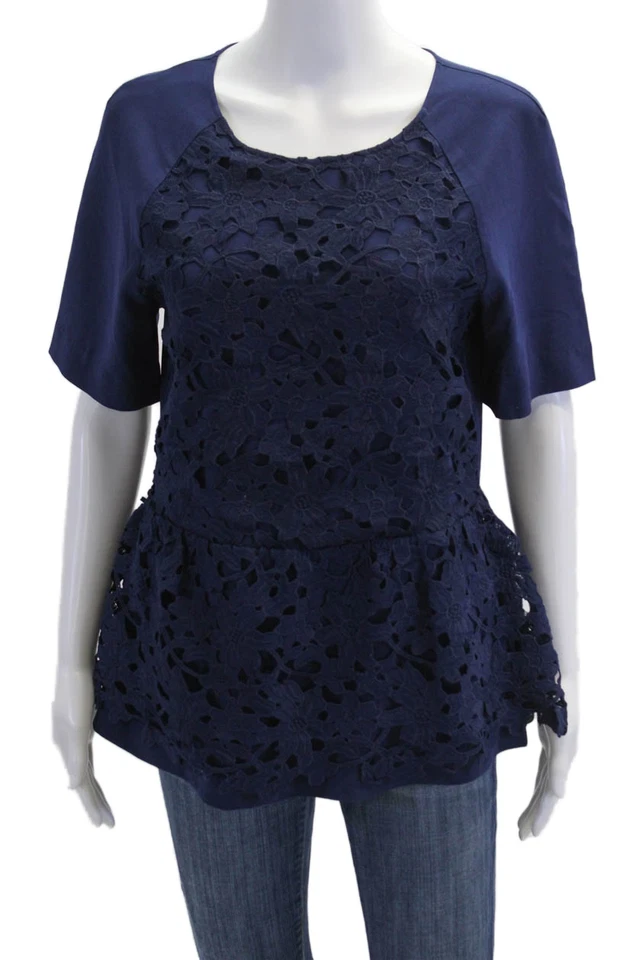 Dolce Vita Womens Crew Neck Floral Eyelet Zip Back Blouse Top Navy Blue Size M - Image 1 of 4