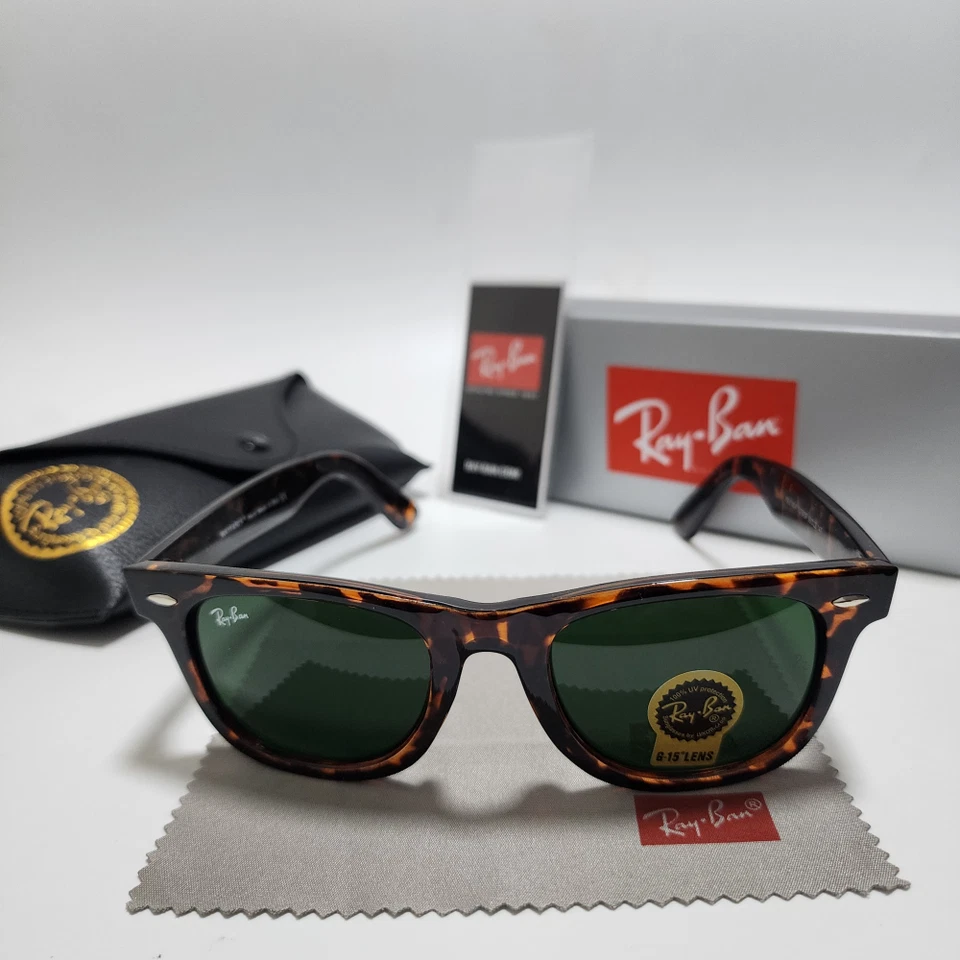 Ray-Ban RB2140 Wayfarer Classic Sunglasses Tortoise Frame Green Glass Lens 50mm - Image 1 of 4