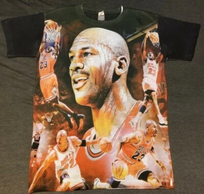 Vtg 1990s Michael Jordan Chicago Bulls All Over Print Basketball Sz Medium Shirt - Image 1 of 4