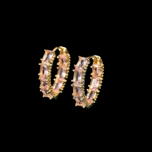 Women's Gold Plated Pink Cubic Zirconia CZ Square Hoop Earrings - Picture 1 of 3