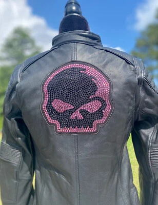 Harley Davidson Women Pink Willie G Skull Rhinestone BLING Leather Jacket XS - Image 1 of 4