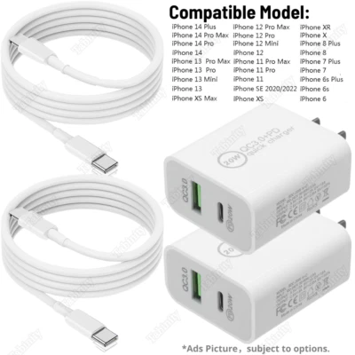 For iPhone 14 13 12 11 XR X 8 20W Type-C Wall Adapter USB-C PD Fast Charger Cord - Image 1 of 4
