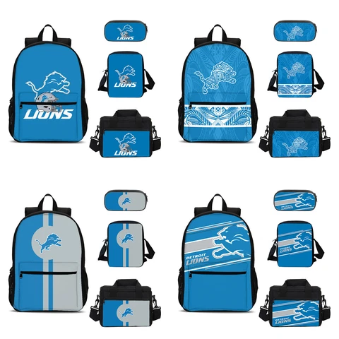 Detroit Lions Kids School 4PCS Backpacks Set Pen Bag Crossbody Bag Lunch Bag Lot Cover