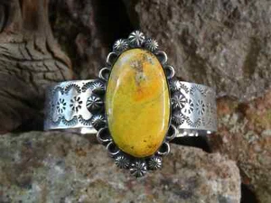 Bumble Bee Jasper Handstamped Sterling Silver Gemstone Unisex Bracelet Cuff K15 - Picture 1 of 10