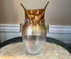 Murano Style 11 1/2" Amber Crackle Glass Owl Vase