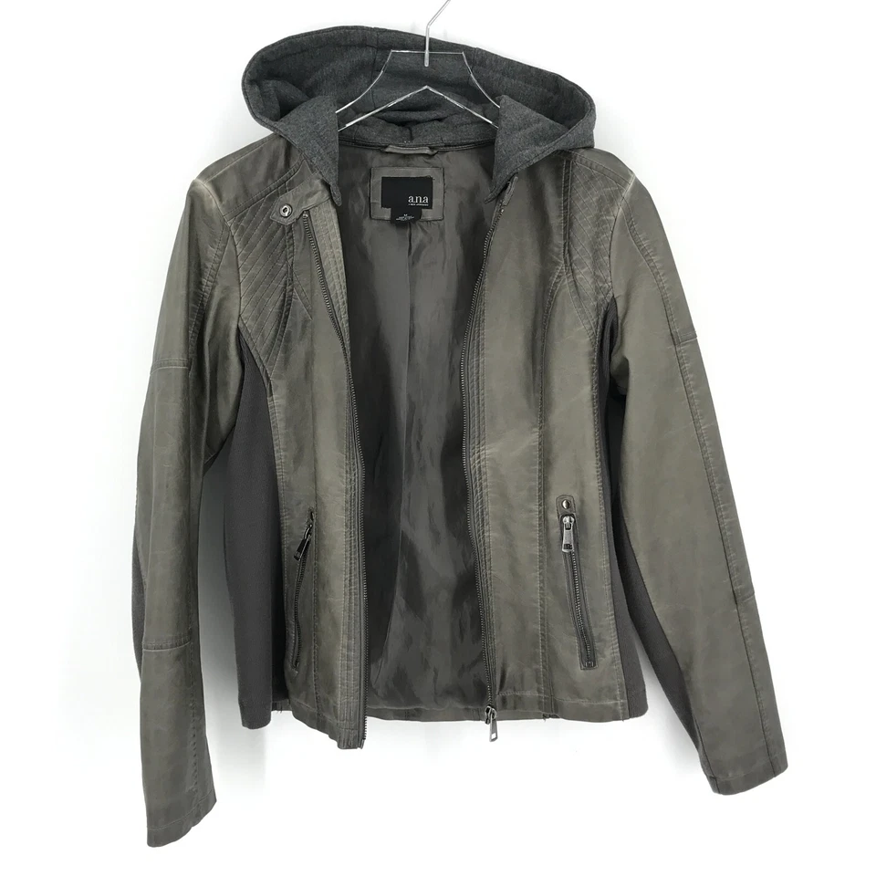 Chaqueta de motocicleta de cuero sintético gris medio con cremallera completa capucha extraíble a.n.a para mujer Foto 1 de 4
