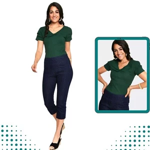 Curve Retro Rhiannon Green Bow V-Neck Vintage Style Top - Picture 1 of 4