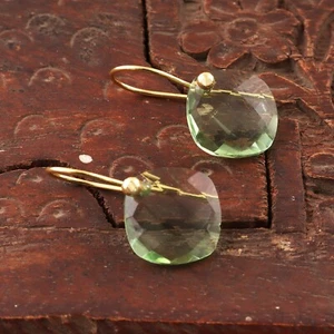 Gemstone Hook Earring, Quartz Gemstone Cushion Shape Dainty Earrings Gold Plated - Picture 1 of 43