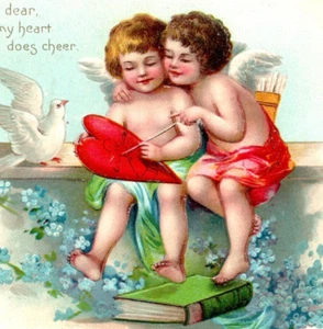 1911 Angels Hugging Drawing On A Heart Embossed Valentine Postcard - Picture 1 of 3
